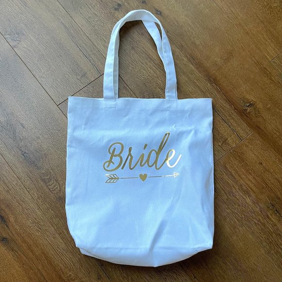 Bride Gold Metallic Lettering White Reusable Small Canvas Tote Bag - Picture 1 of 9